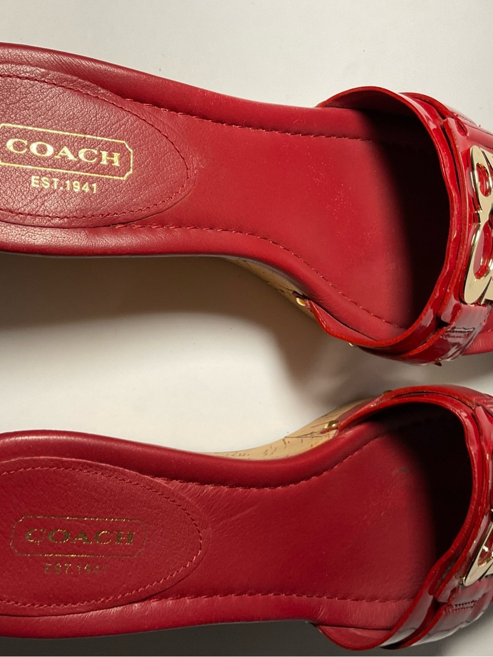 Coach Red Patent Slide Mules with Gold Logo Accent - Picture 7 of 8